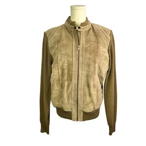 Vintage Suede Leather Sweater Jacket Women's large Bomber Knit Brown 1980s Prop